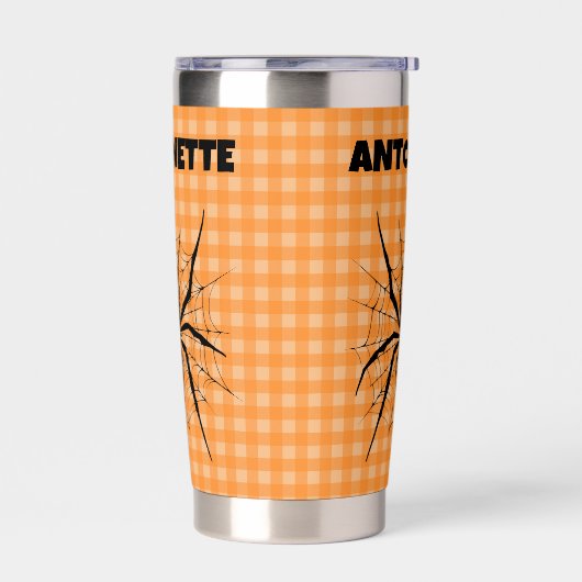 Halloween Spider in Cobweb Orange Gingham Plaid Thermobecher (Links)