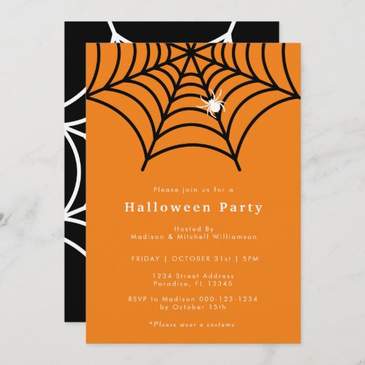 Halloween Spider Web Spooky Modernes Orange Party Einladung (Vorne/Hinten)