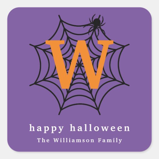 Halloween Spider Web Trick oder Treat Monogram Quadratischer Aufkleber (Vorderseite)