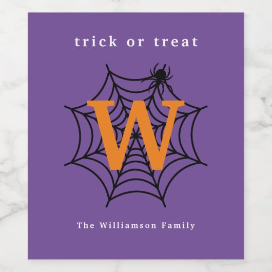 Halloween Spider Web Trick oder Treat Monogram Weinetikett (Einzelnes Label)