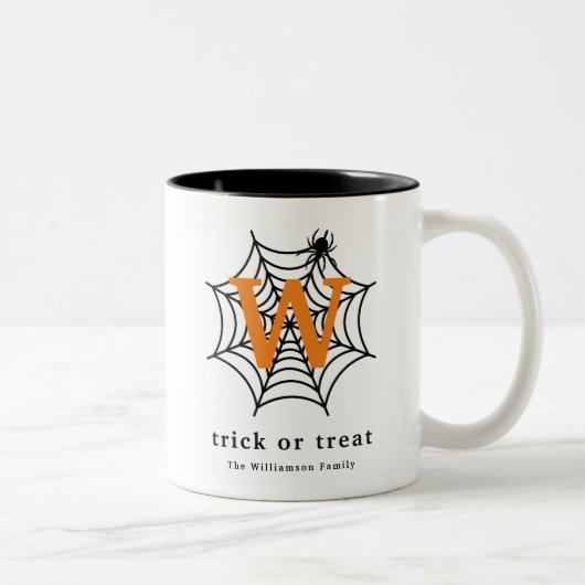 Halloween Spider Web Trick oder Treat Monogram Zweifarbige Tasse (Rechts)