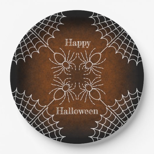 Halloween Spiderweb spinnen schwarz orange weiß Pappteller (Vorderseite)