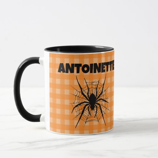 Halloween-Spinne im orange karierten Spinnennetz-K Tasse (Links)