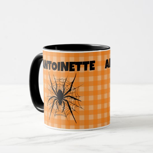 Halloween-Spinne im orange karierten Spinnennetz-K Tasse (Vorderseite Links)