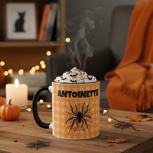 Halloween-Spinne im orange karierten Spinnennetz-K Tasse
