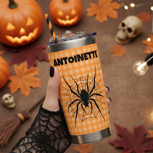 Halloween-Spinne in Spinnweben Orange Gingham Karo Thermobecher