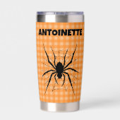 Halloween-Spinne in Spinnweben Orange Gingham Karo Thermobecher (Rückseite)