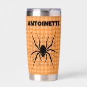 Halloween-Spinne in Spinnweben Orange Gingham Karo Thermobecher (Vorderseite)