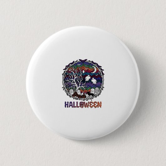 Halloween Spinnennetz Baum Geister Kürbisse Grabst Button (Vorderseite)