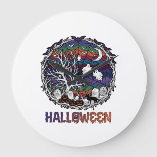 Halloween Spinnennetz Baum Geister Kürbisse Grabst Große Wanduhr