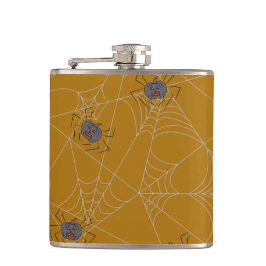 Halloween Spinnennetze und Kürbis Flachmann (Vorderseite)