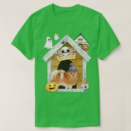 Halloween Spitz Dog Hexe Spuk Haus T-Shirt (Design vorne)