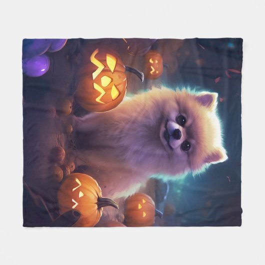 Halloween-Spitz mit Pumpkins Beängstigend Fleecedecke (Vorderseite (Horizontal))