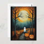 Halloween Spooky Ghost & Full Moon Creepy Pumpkin Postkarte (Vorne/Hinten)