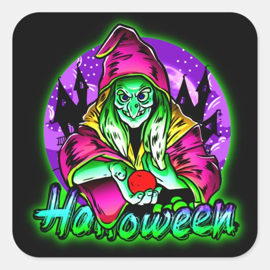 Halloween Spooky Green Hexe Magic Hat Apple Quadratischer Aufkleber (Vorderseite)