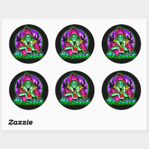 Halloween Spooky Green Hexe Magic Hat Apple Runder Aufkleber