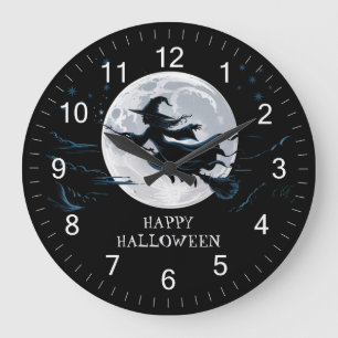 Halloween Spooky Hexe, die über einen Vollmond fli Große Wanduhr