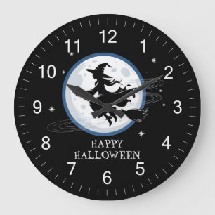 Halloween Spooky Hexe, die über einen Vollmond fli Große Wanduhr