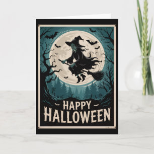 Halloween Spooky Hexe, die über einen Vollmond fli Karte