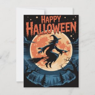 Halloween Spooky Hexe, die über einen Vollmond fli Postkarte