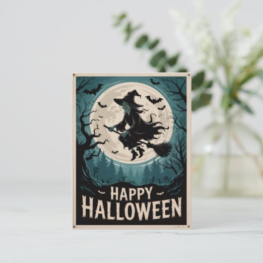Halloween Spooky Hexe, die über einen Vollmond fli Postkarte (Stehend Vorderseite)