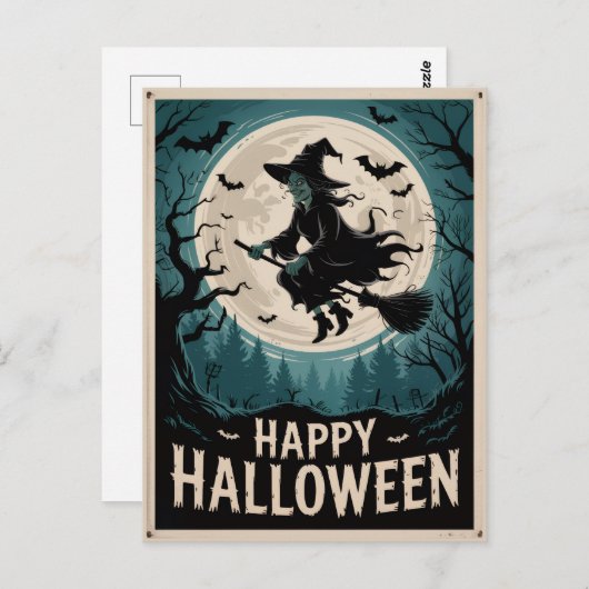 Halloween Spooky Hexe, die über einen Vollmond fli Postkarte (Vorne/Hinten)