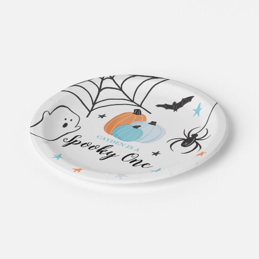 Halloween Spooky One Birthday Blue Pumpkins Pappteller (Schrägansicht)