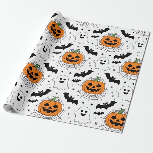Halloween Spooky Pumpkin Bats Ghost Pattern Geschenkpapier (Ungerollt)