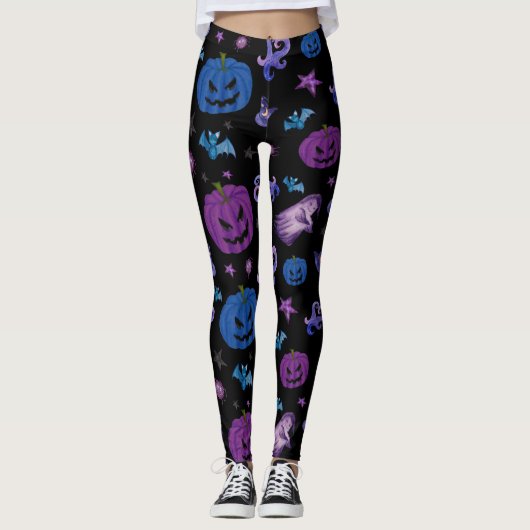 Halloween Spooky Pumpkin Pattern Schwarzer Hinterg Leggings (Vorderseite)