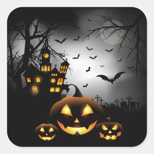 Halloween - Spooky Pumpkins Grau Moon Quadratischer Aufkleber (Vorderseite)