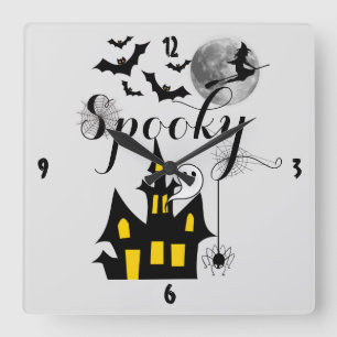 Halloween Spooky Spider bats witch haunted house  Quadratische Wanduhr