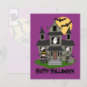 Halloween Spuk Haus und kleine Hexe lila Postkarte (Vorne/Hinten)