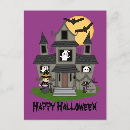 Halloween Spuk Haus und kleine Hexe lila Postkarte (Vorderseite)