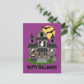 Halloween Spuk Haus und kleine Hexe lila Postkarte (Stehend Vorderseite)