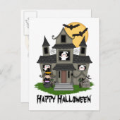 Halloween Spuk Haus und kleine Hexe weiß Postkarte (Vorne/Hinten)