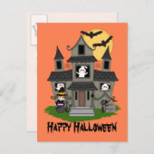 Halloween Spuk Haus und kleine Hexenorange Postkarte (Vorne/Hinten)