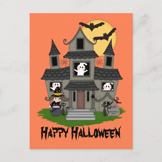 Halloween Spuk Haus und kleine Hexenorange Postkarte (Vorderseite)