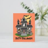 Halloween Spuk Haus und kleine Hexenorange Postkarte (Stehend Vorderseite)