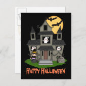 Halloween Spuk Haus und kleine Hexenschwarz Postkarte (Vorne/Hinten)