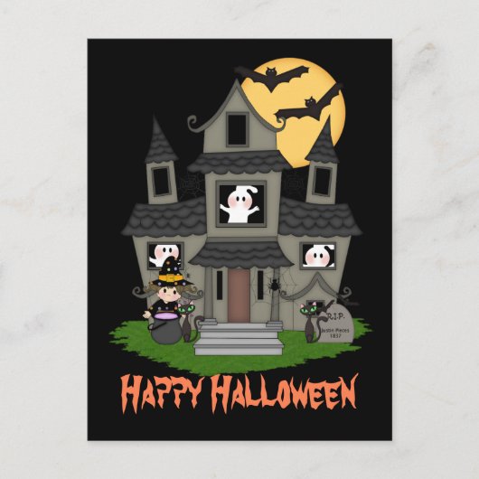 Halloween Spuk Haus und kleine Hexenschwarz Postkarte (Vorderseite)