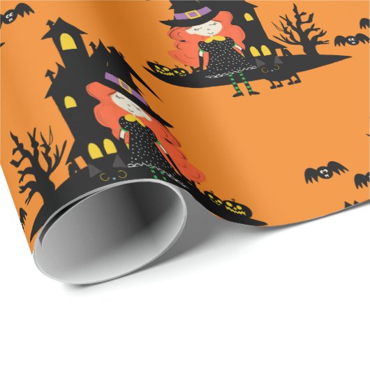 Halloween Spuk Hexenhaus Orange Geschenkpapier (Rolleneckpunkt)
