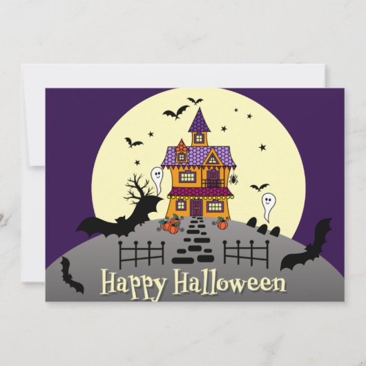 Halloween Spuk House Black Bat Full Moon Lila Einladung (Vorderseite)