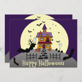 Halloween Spuk House Black Bat Full Moon Lila Einladung (Vorne/Hinten)