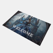Halloween Spuk House Blue Night Beängstigend Fußmatte (Schrägansicht)
