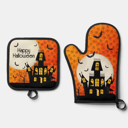 Halloween Spuk House Full Moon Bats Cat Ofenhandschuh & Topflappen-Set (Vorderseite)