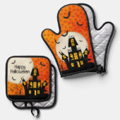 Halloween Spuk House Full Moon Bats Cat Ofenhandschuh & Topflappen-Set (Vorderseite/Rückseite)