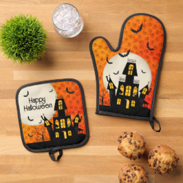 Halloween Spuk House Full Moon Bats Cat Ofenhandschuh & Topflappen-Set