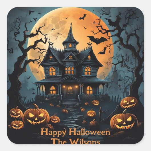 Halloween Spuk House mit Creepy Pumpkins Quadratischer Aufkleber (Vorderseite)