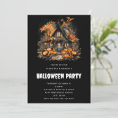 Halloween Spuk House mit Pumpkins & Foliage Einladung (Stehend Vorderseite)