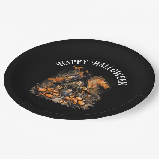 Halloween Spuk House mit Pumpkins & Foliage Pappteller (Schrägansicht)